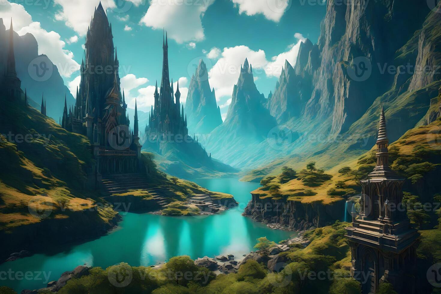 A fantasy landscape with a river and mountains photo