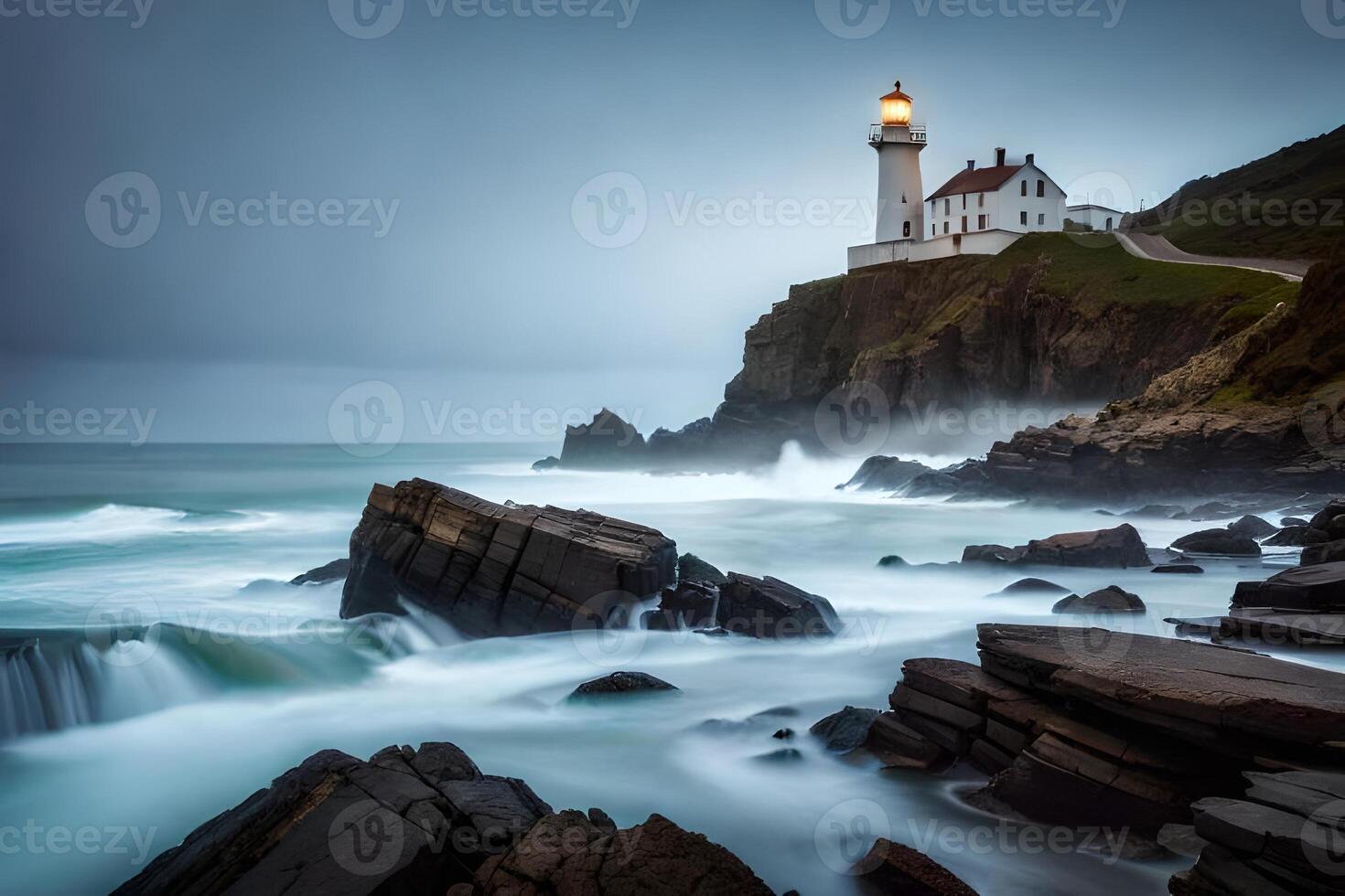 A lighthouse sits on the rocky shoreline with waves crashing in the background photo