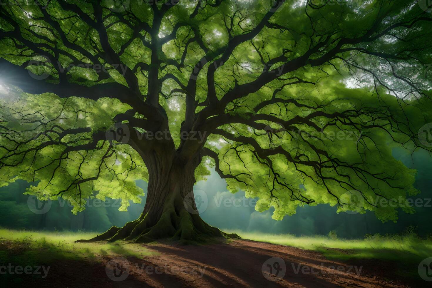 The sun shines through the leaves of a large tree photo