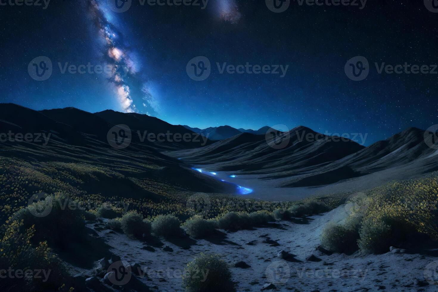 A night sky with stars and a river in the distance photo