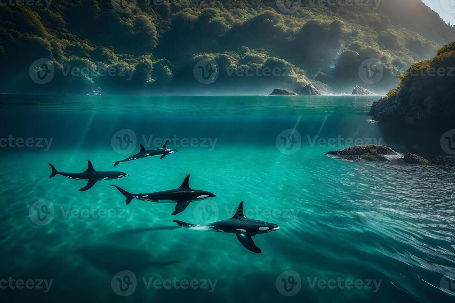 Three killer whales swimming in the ocean photo