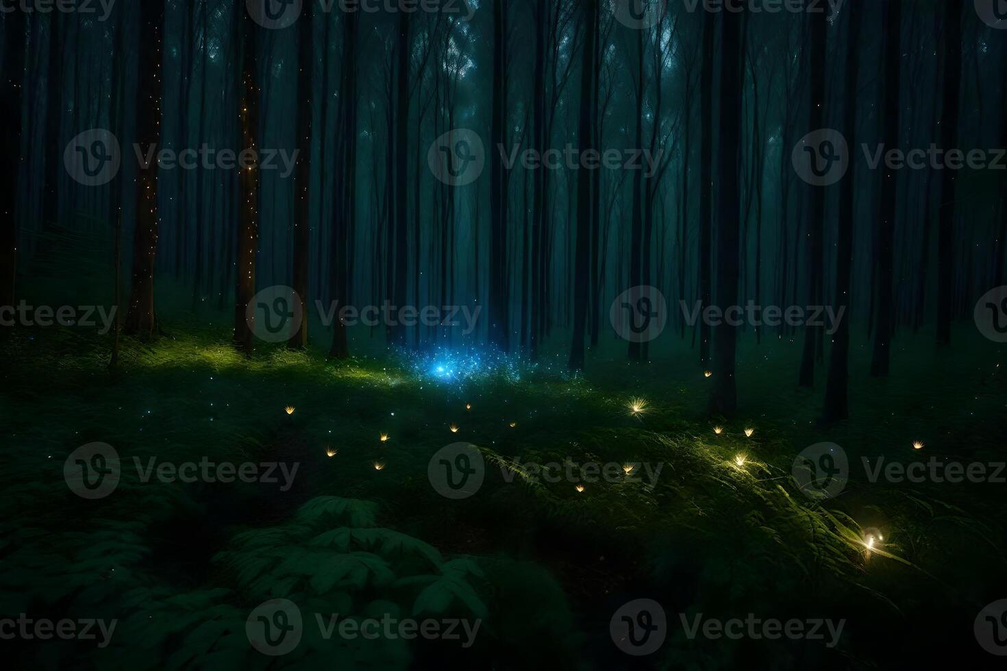 A forest with glowing fireflies in the dark photo