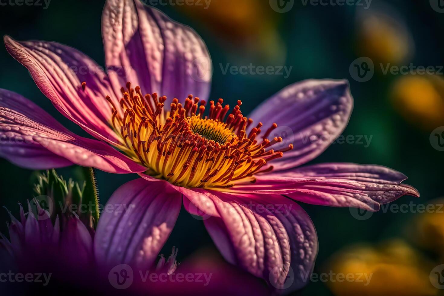 A close up of a pink flower with yellow centers photo