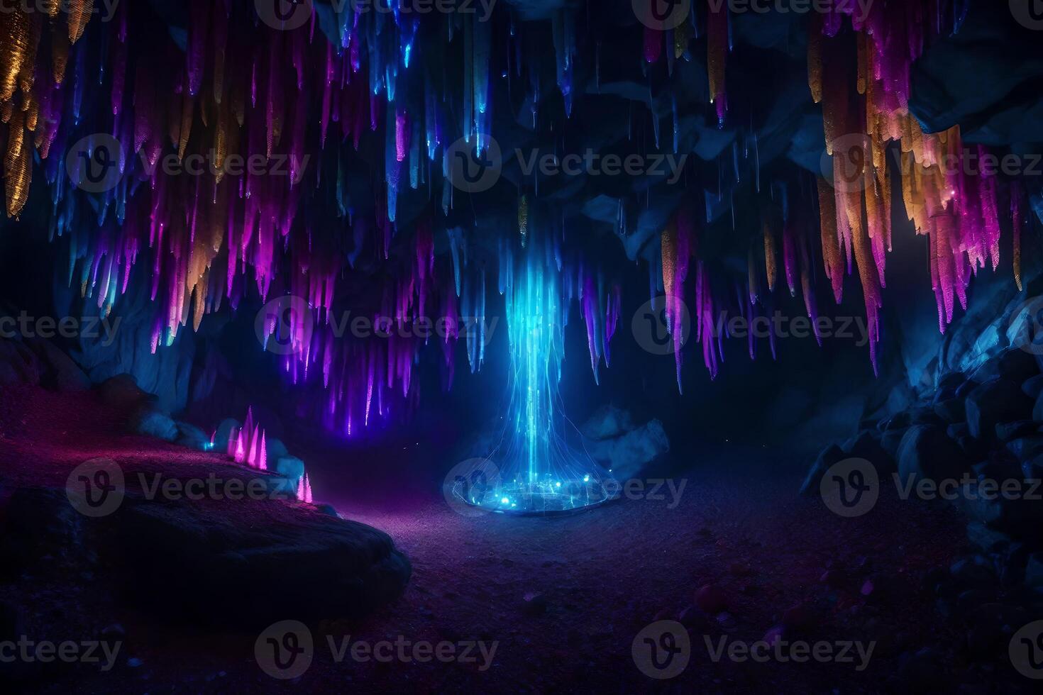 A cave with colorful lights and water photo
