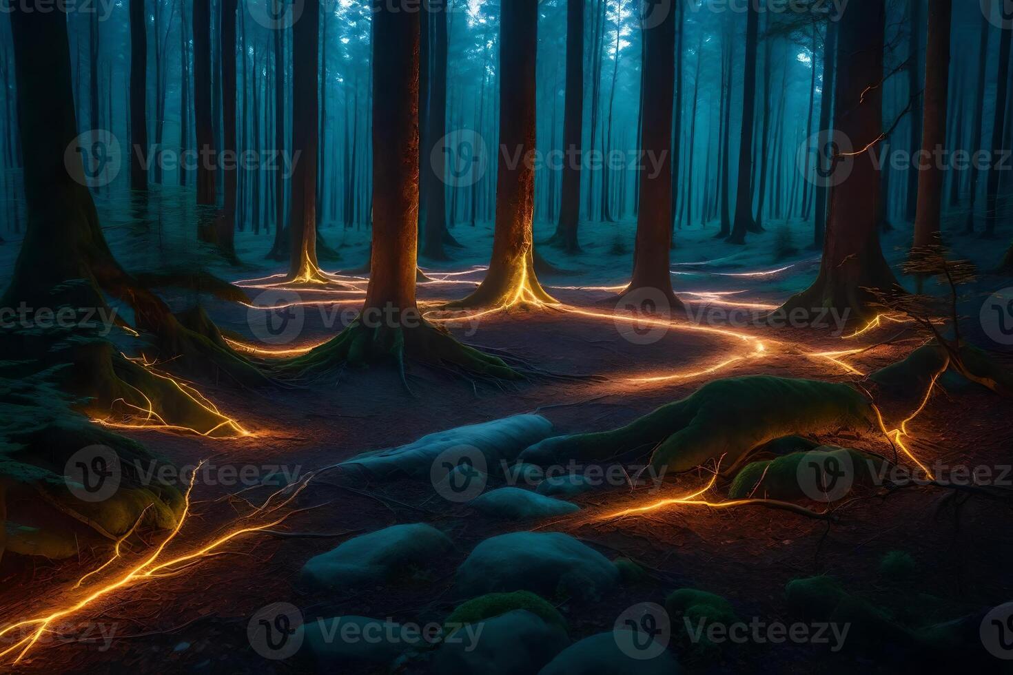 A forest with glowing lights in the middle of it photo