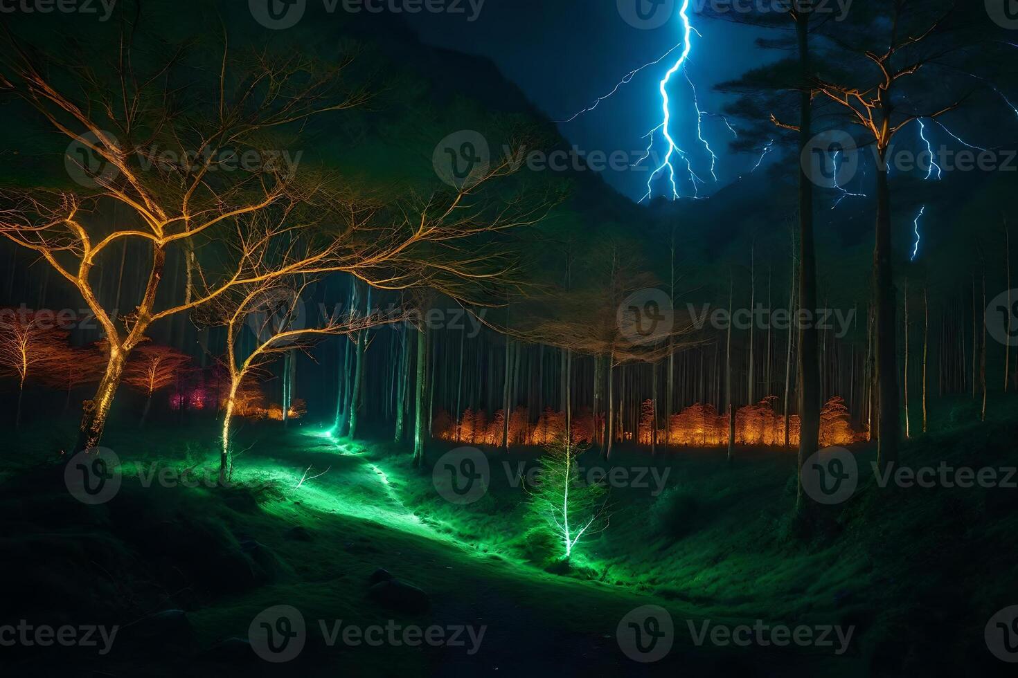 Lightning strikes through the trees in a forest photo