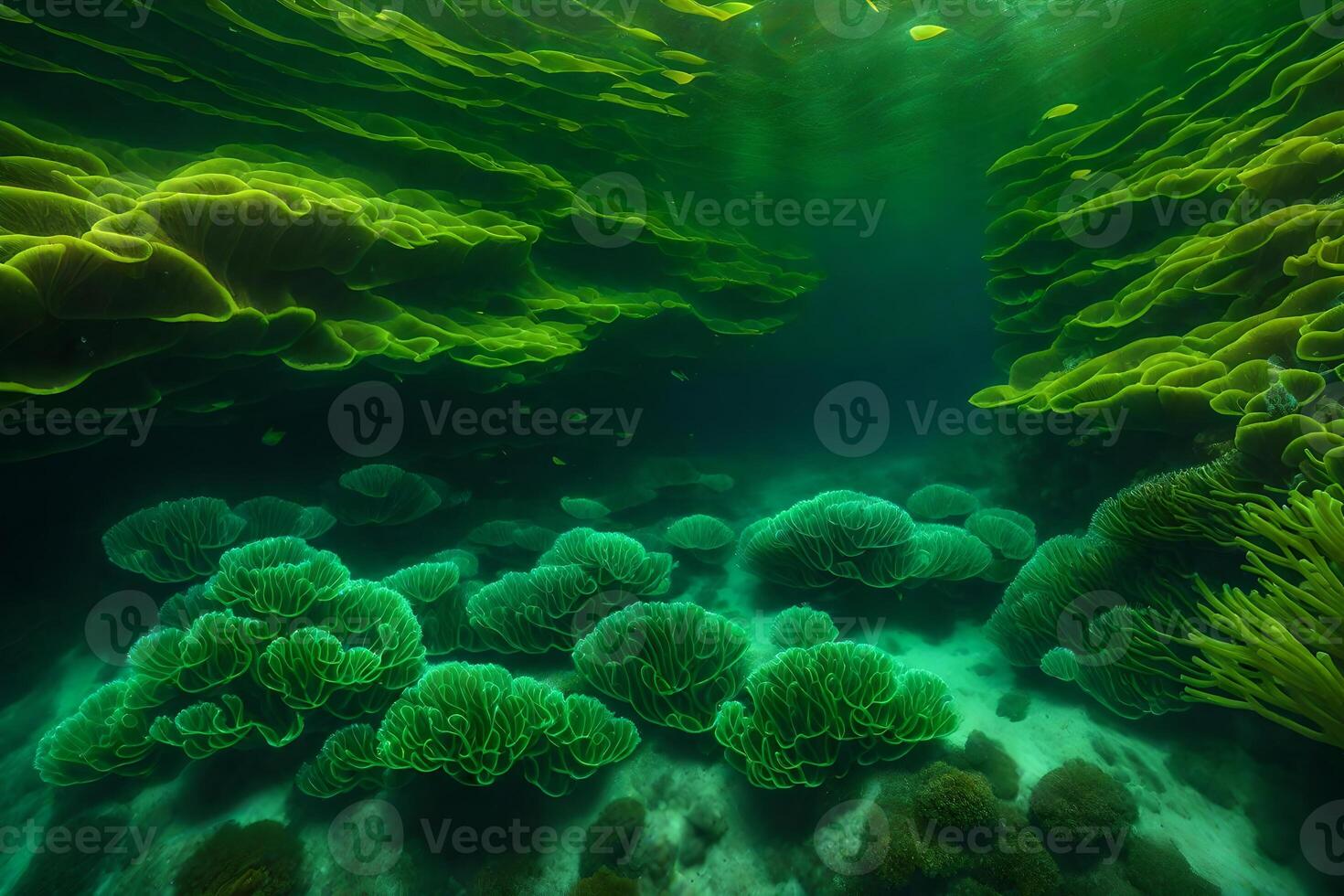 A coral reef with green algae and fish photo