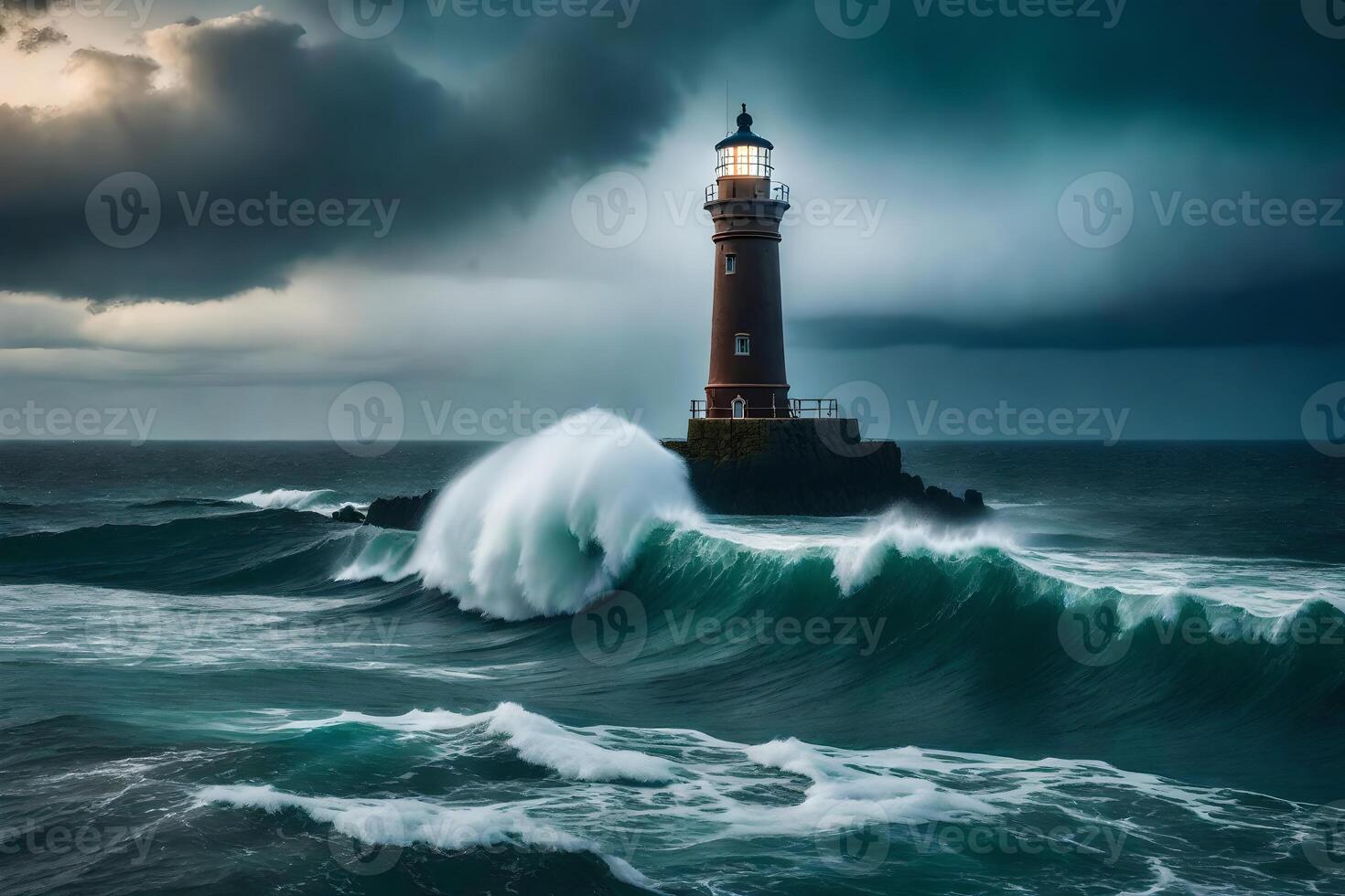 A lighthouse is surrounded by waves and stormy weather photo