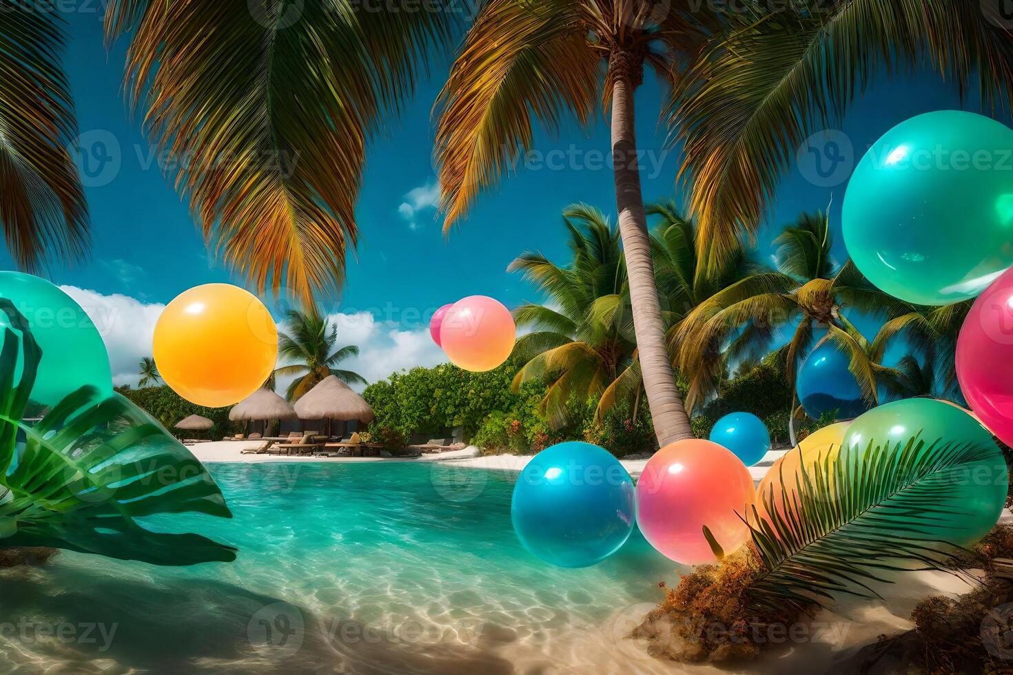 Colorful balloons floating in the ocean near palm trees photo