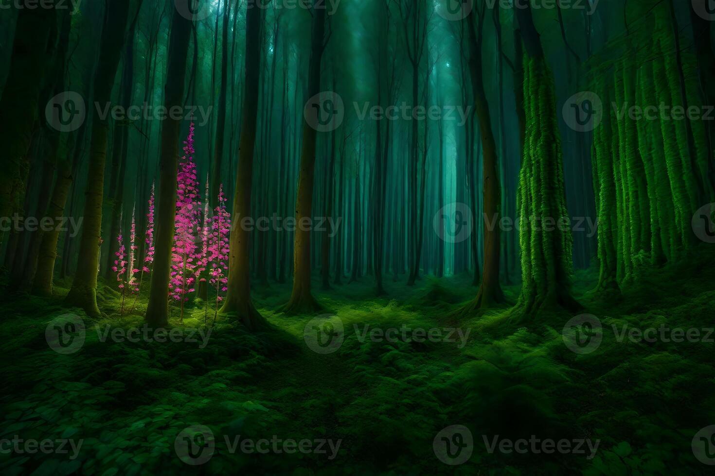 A forest with green trees and pink flowers photo