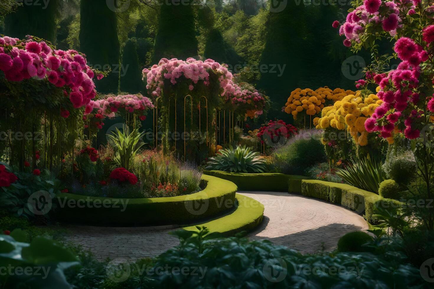 A garden with colorful flowers and trees photo