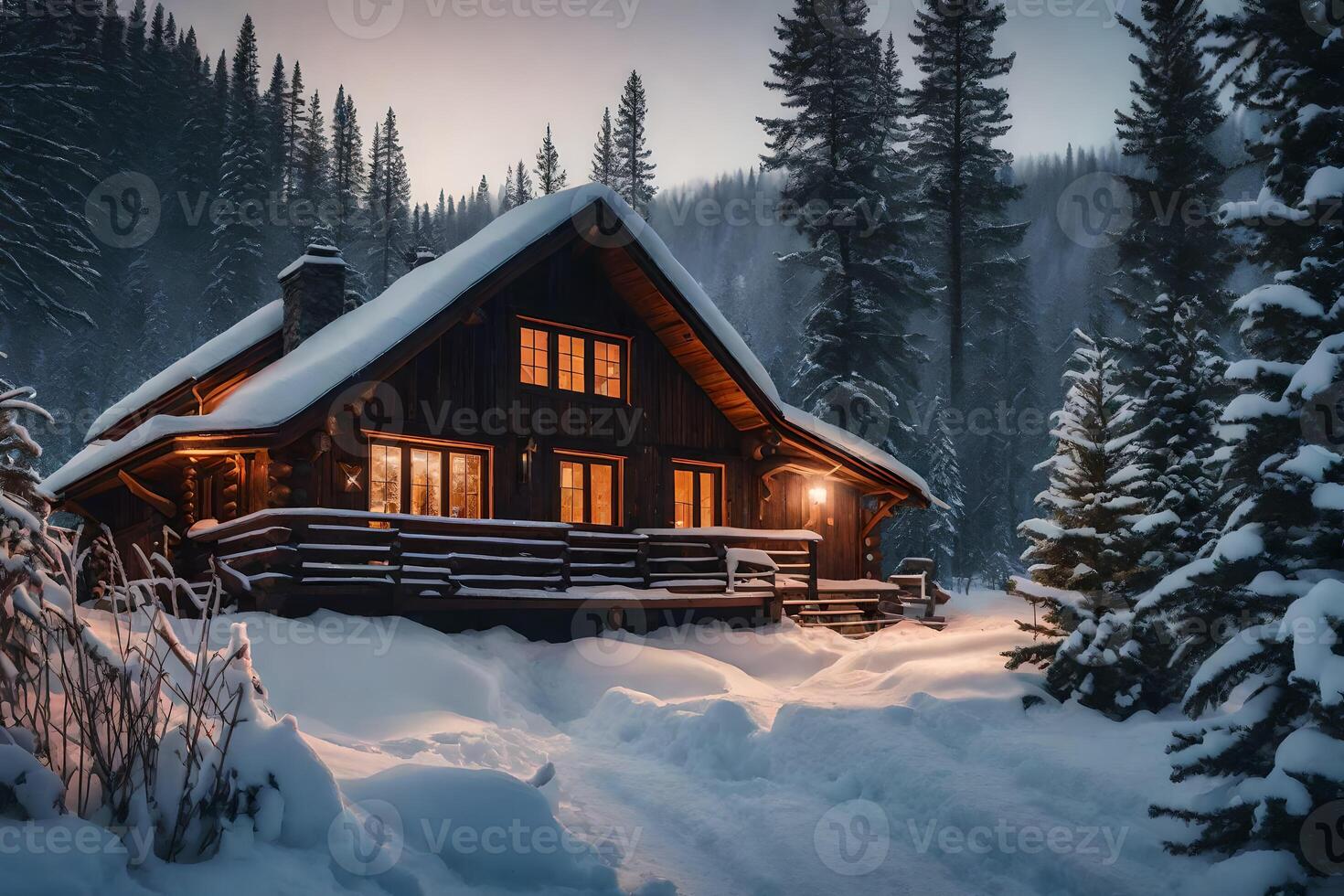 A cabin in the woods with snow on the ground photo