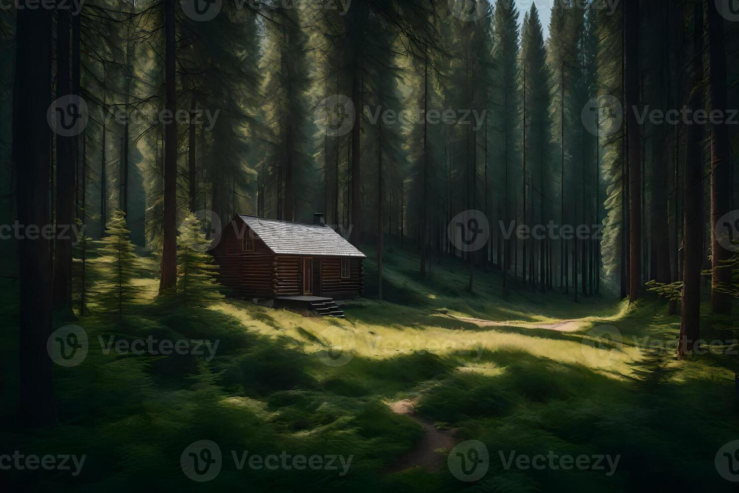 A small cabin in the woods surrounded by tall trees photo