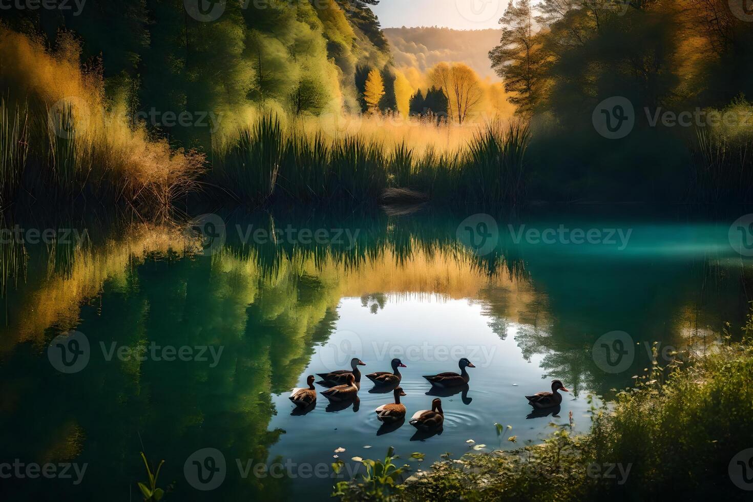 Ducks swimming in a lake surrounded by trees photo