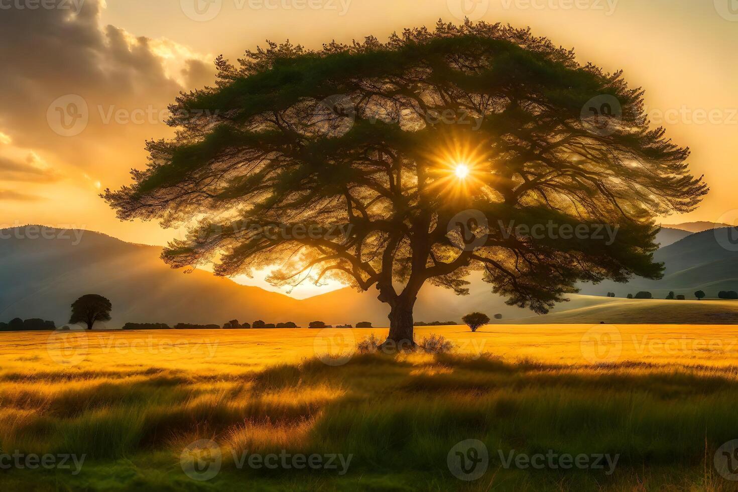 A tree in a field with the sun setting behind it photo