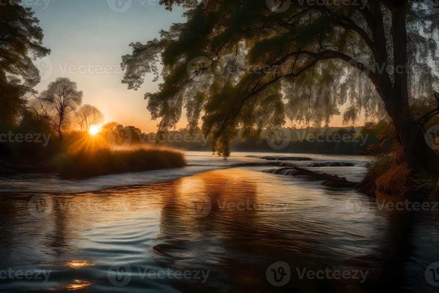A river at sunset with trees and water photo