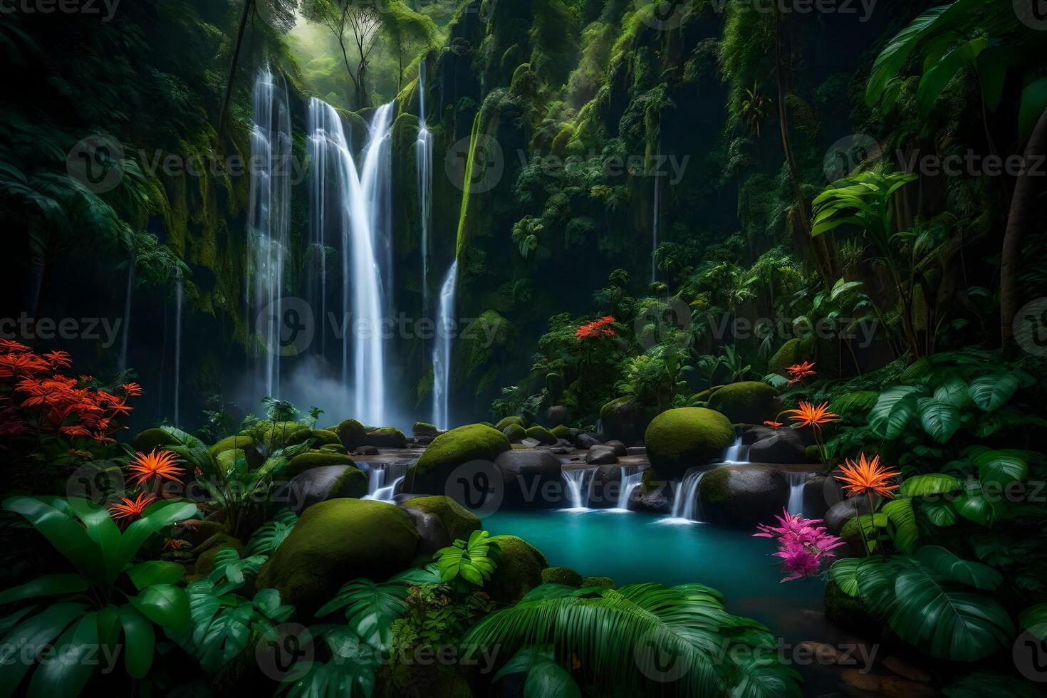A tropical waterfall surrounded by lush vegetation photo