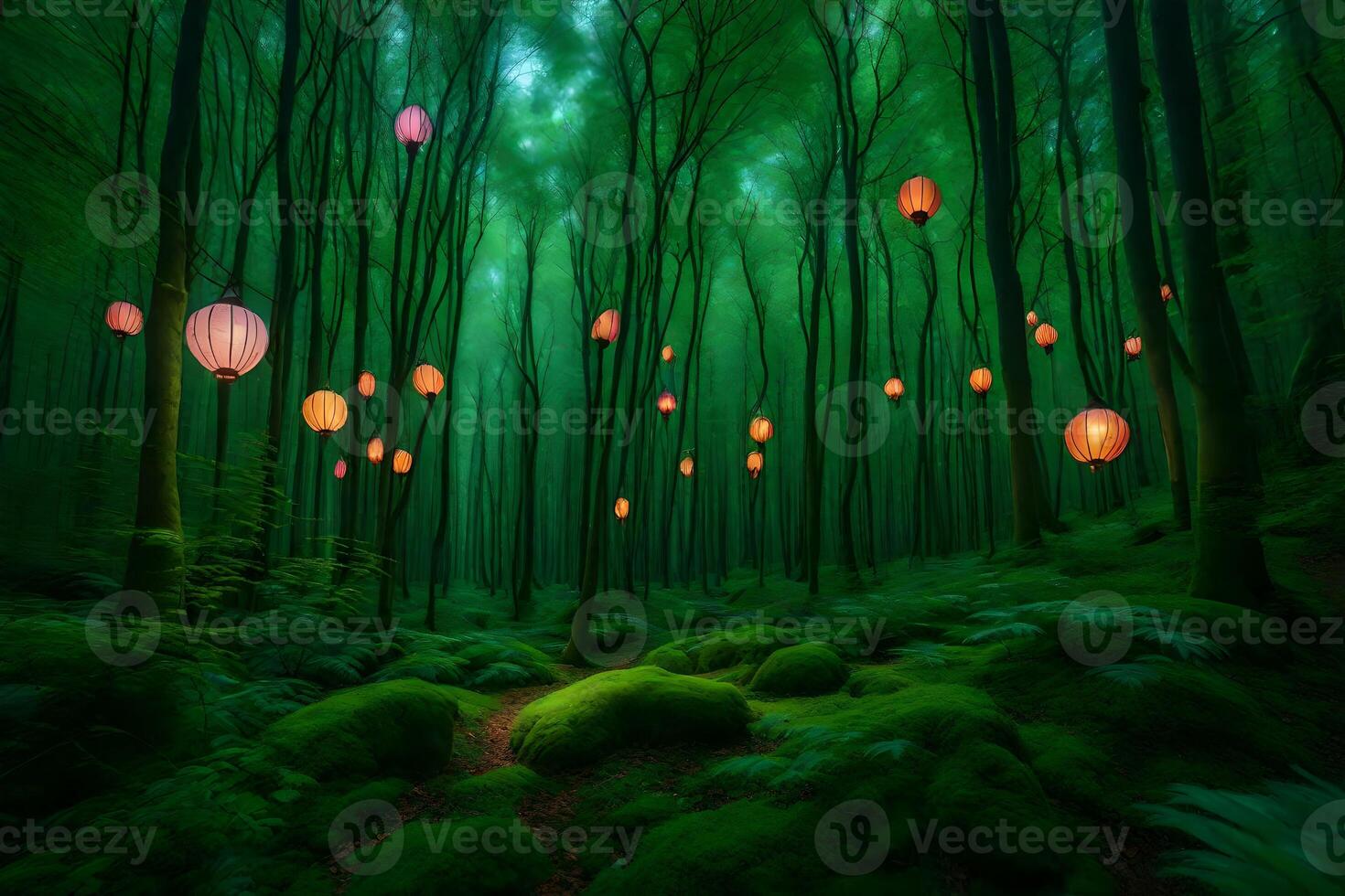 A forest with many lanterns hanging in the air photo