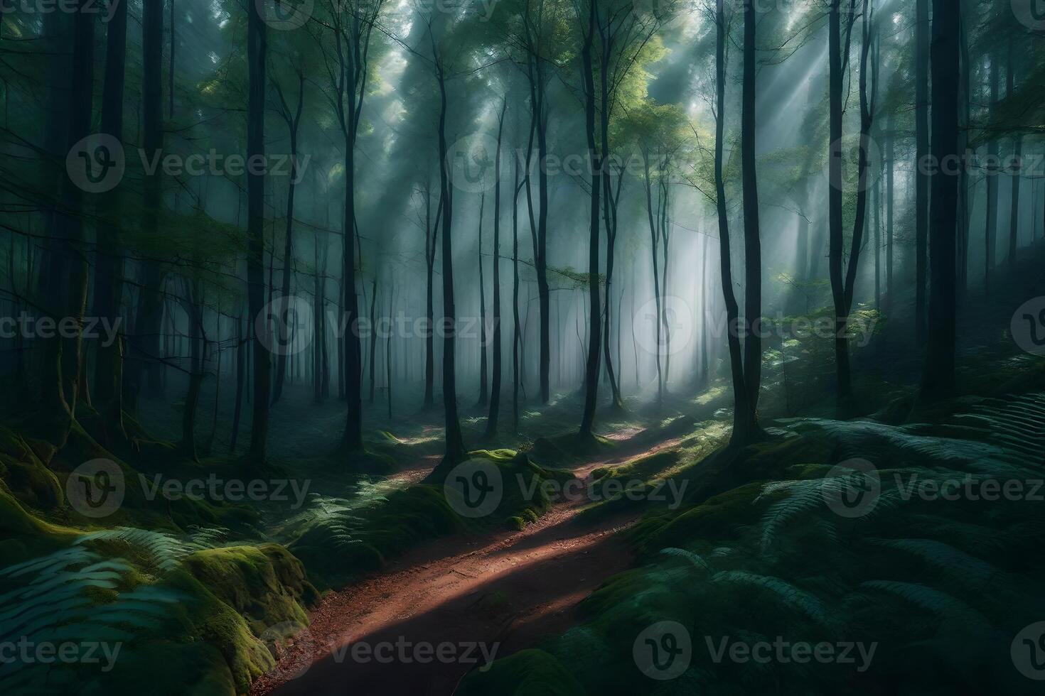 A path through the woods with sunlight shining through the trees photo