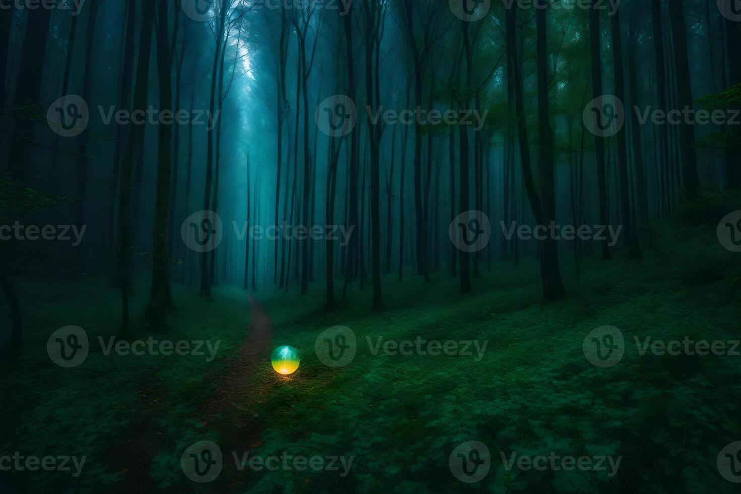 A light in the middle of a forest with trees photo