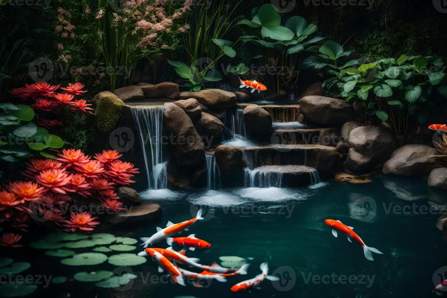 Koi fish in a pond with waterfall and plants photo