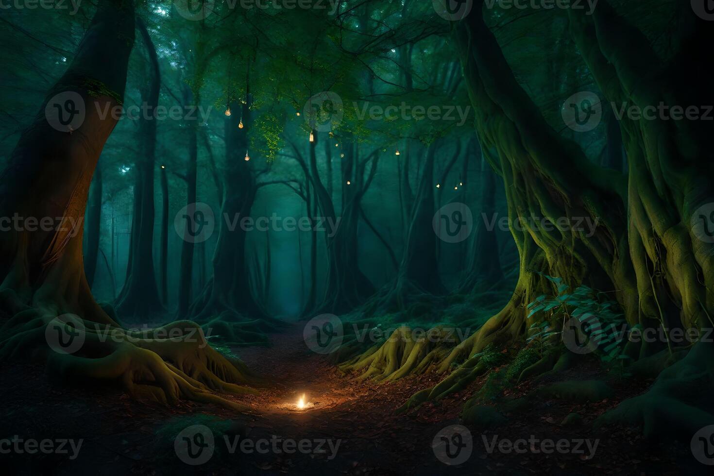 A dark forest with a lit candle in the middle photo