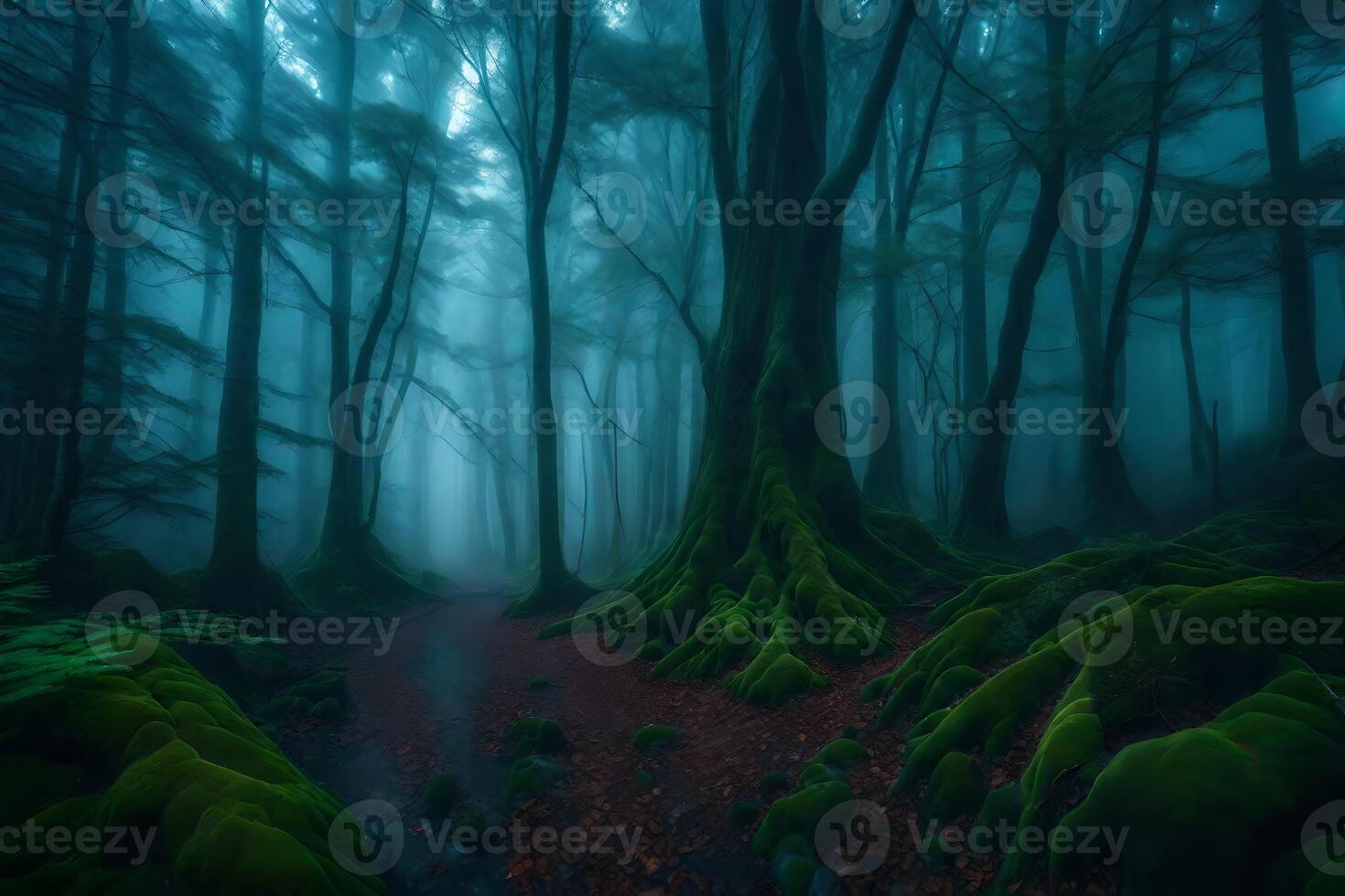 A dark forest with mossy trees and a path photo