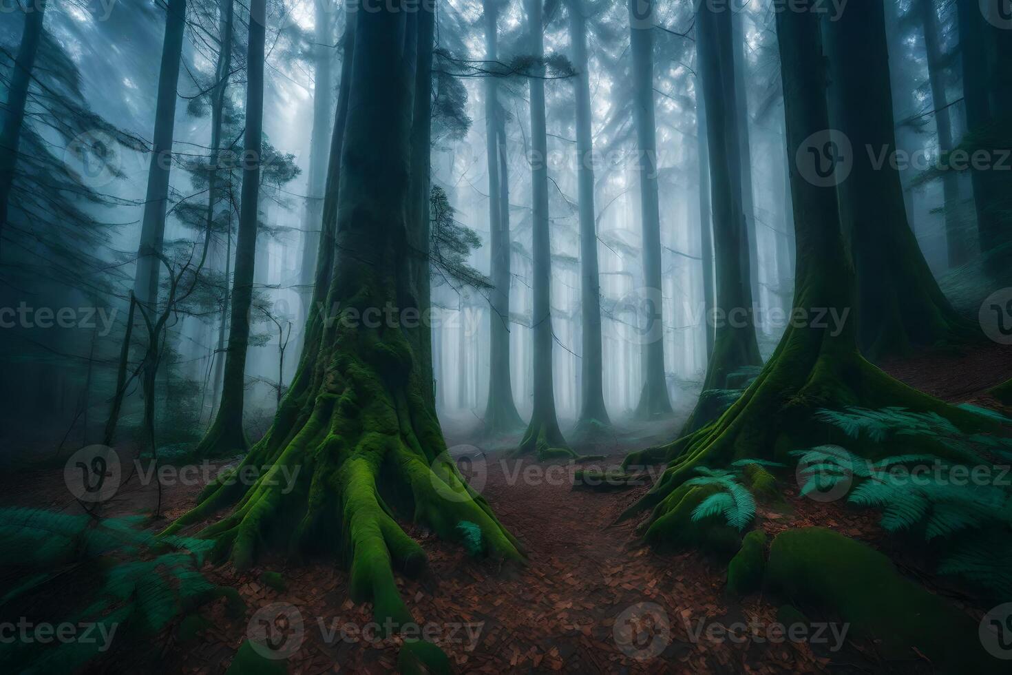 A dark forest with green trees and moss photo