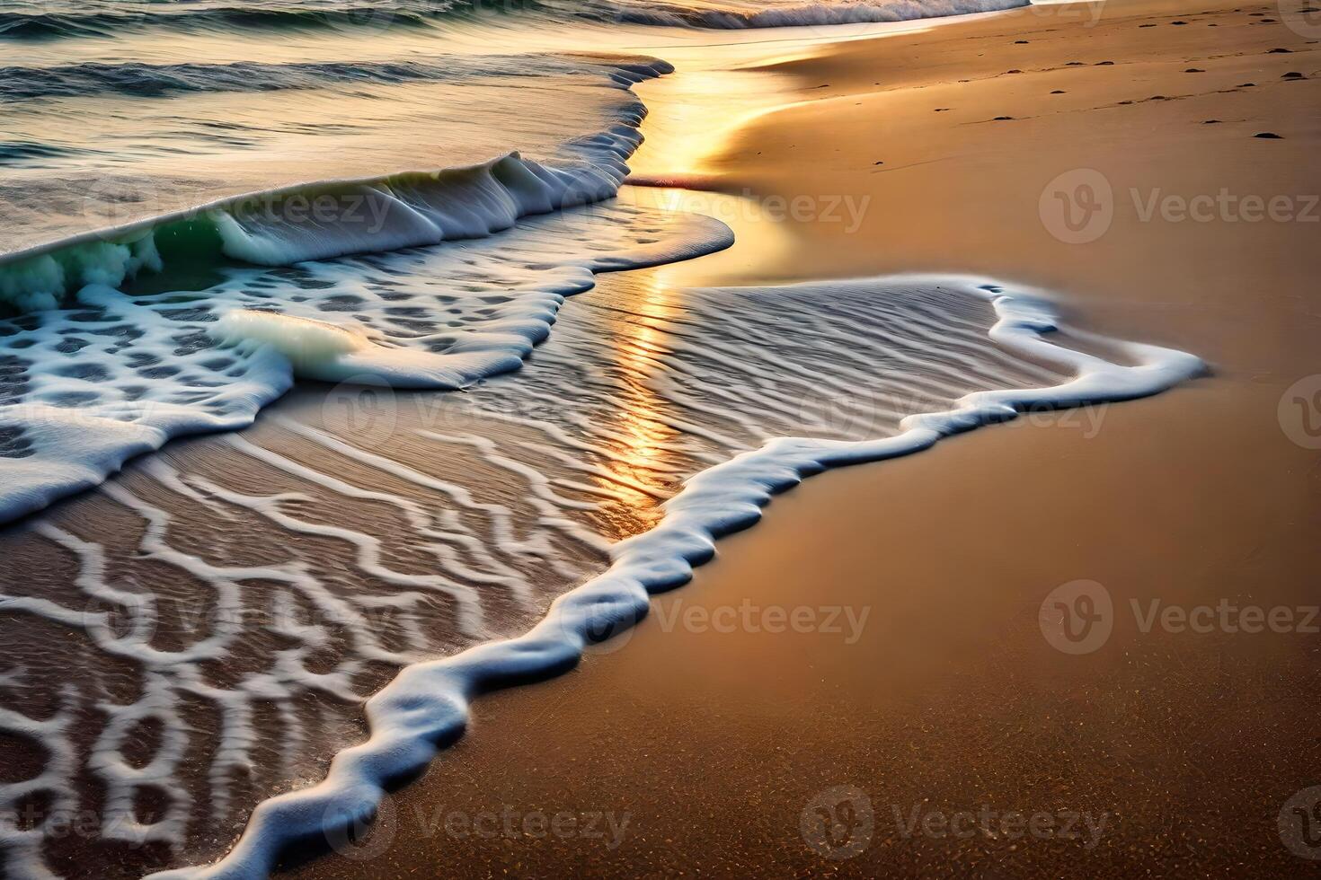 A wave is washing over the sand at sunset photo