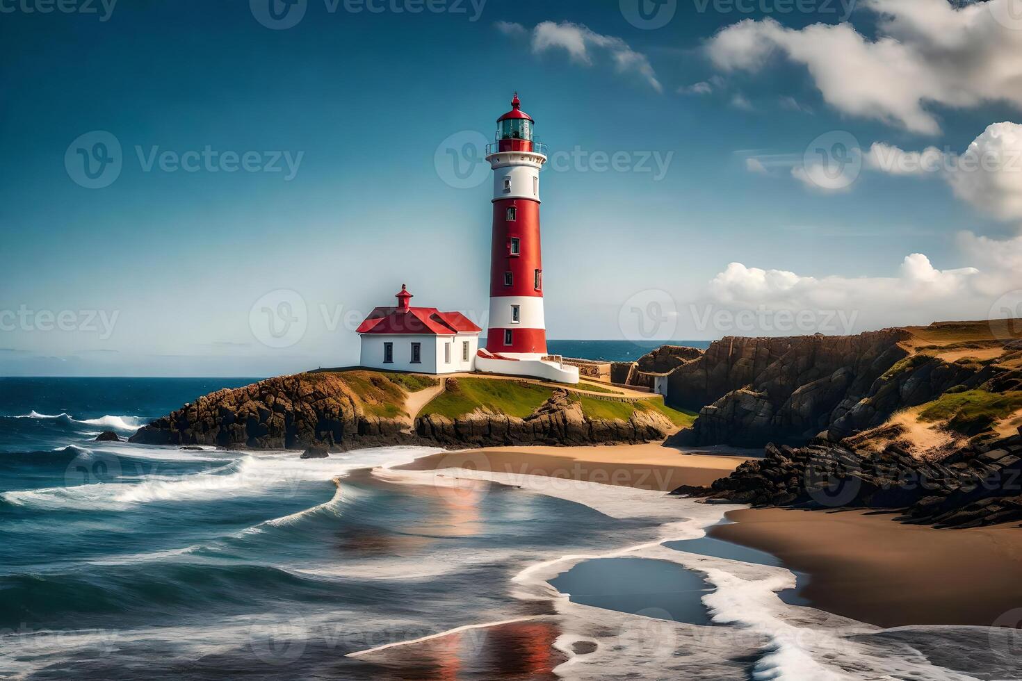 A lighthouse sits on the shore of a beach photo