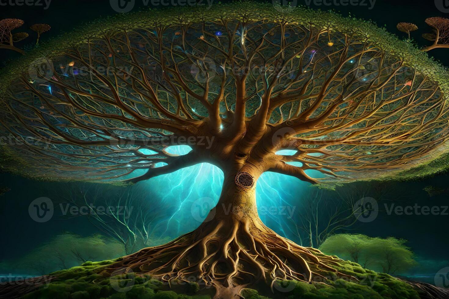 The tree of life, with a glowing light coming from it photo