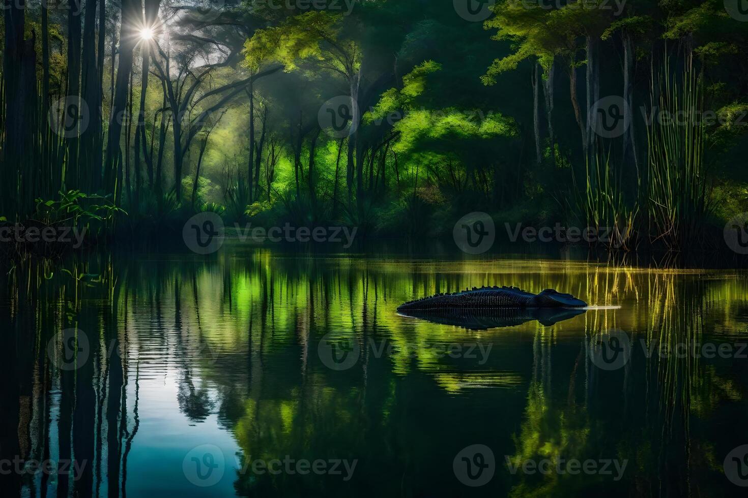 A turtle swimming in the water in the middle of a forest photo