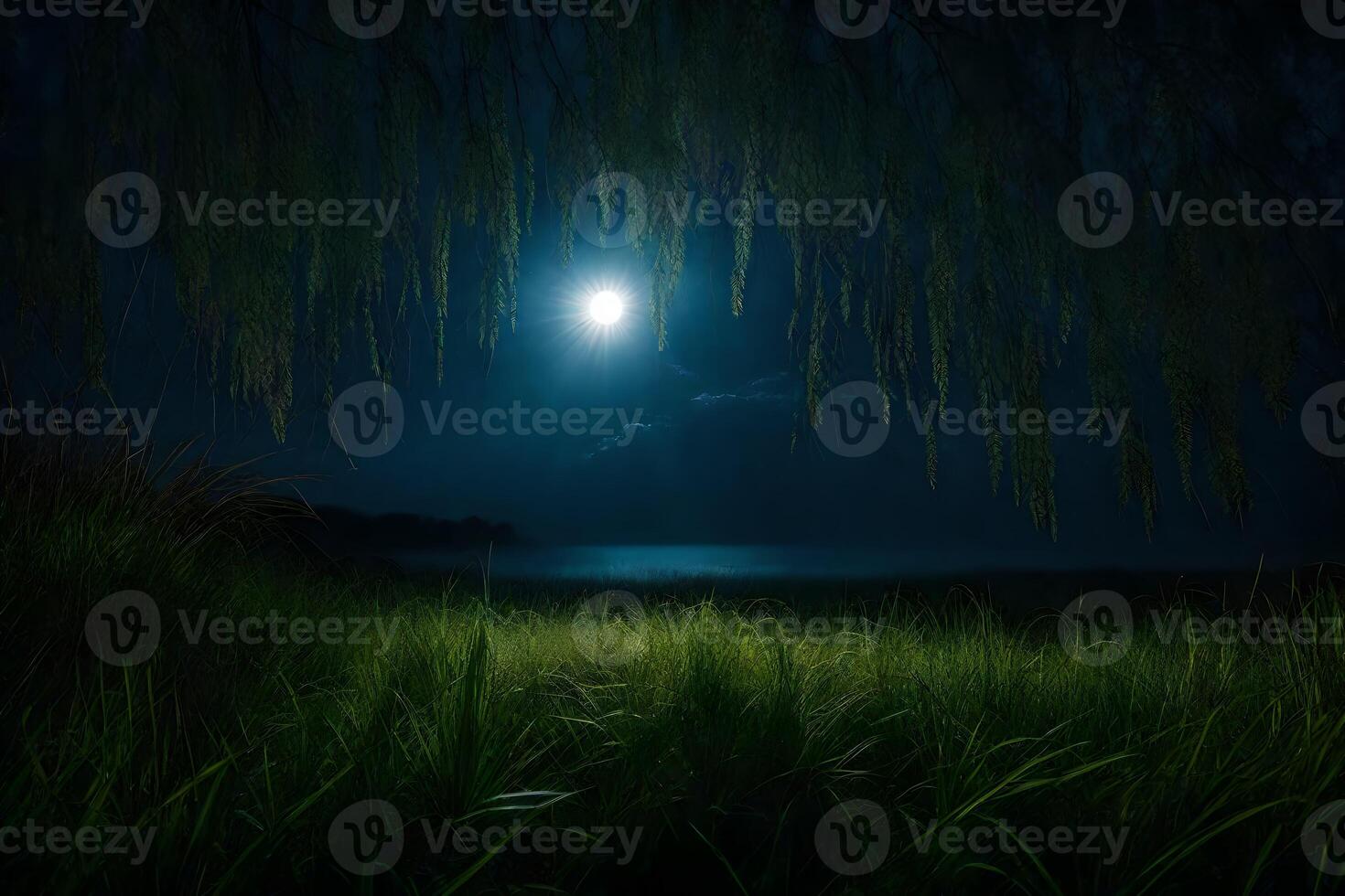 A moonlit night scene with a willow tree in the foreground photo