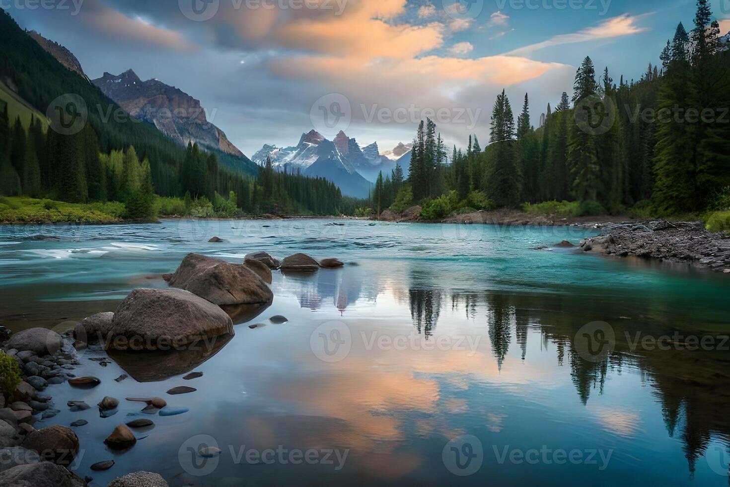 The mountains and river are reflected in the water photo
