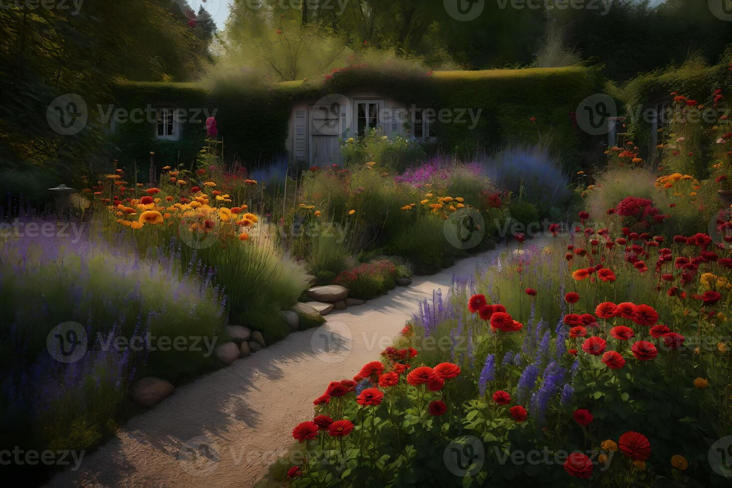 A garden with flowers and a house in the background photo