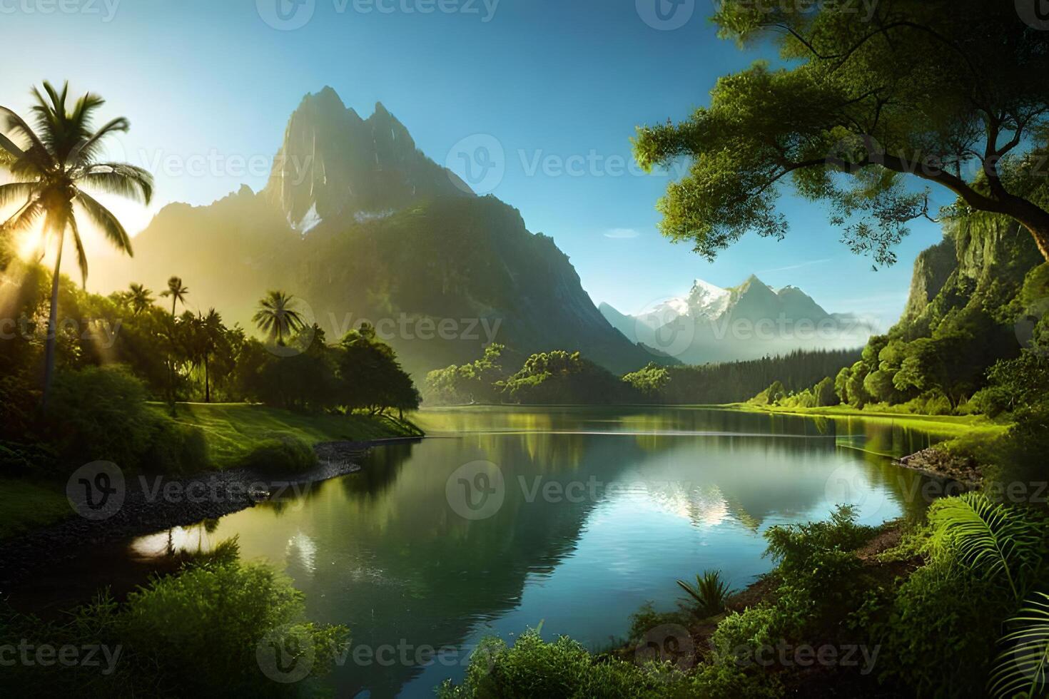 A beautiful landscape with mountains and trees photo