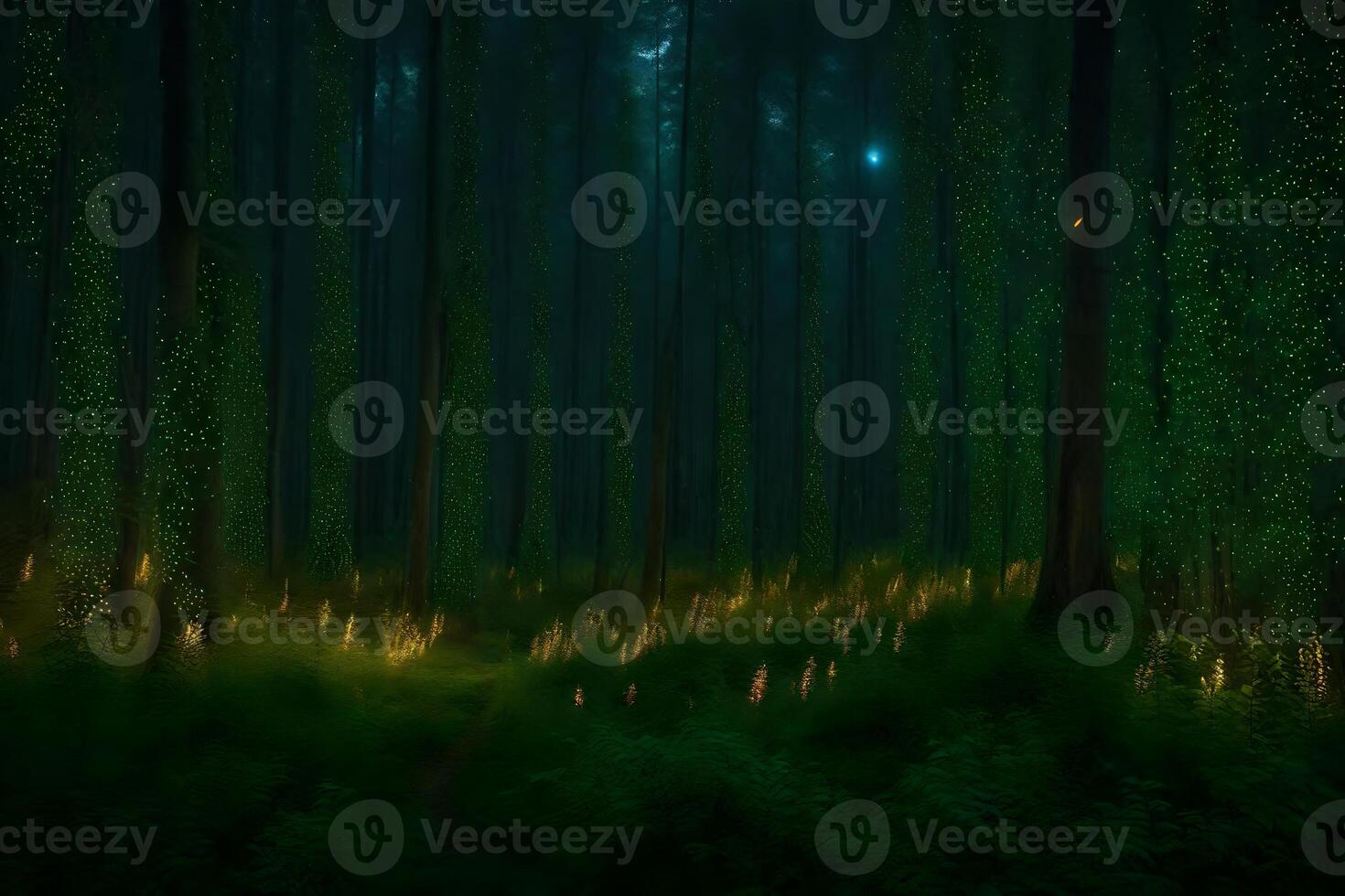 A forest at night with trees and grass photo