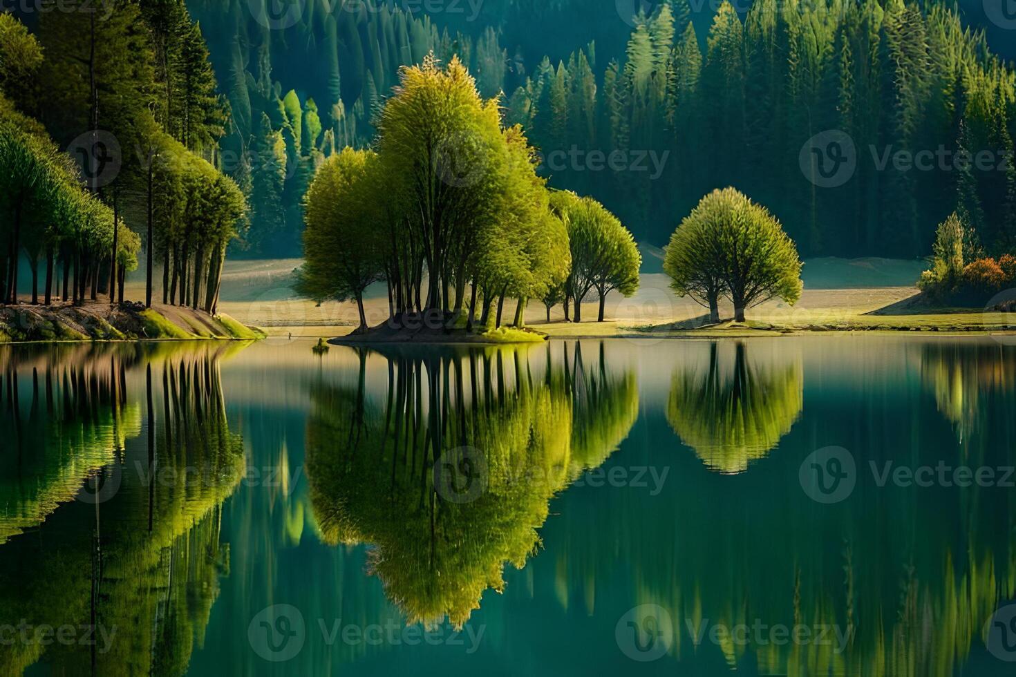 A lake with trees and a mountain in the background photo