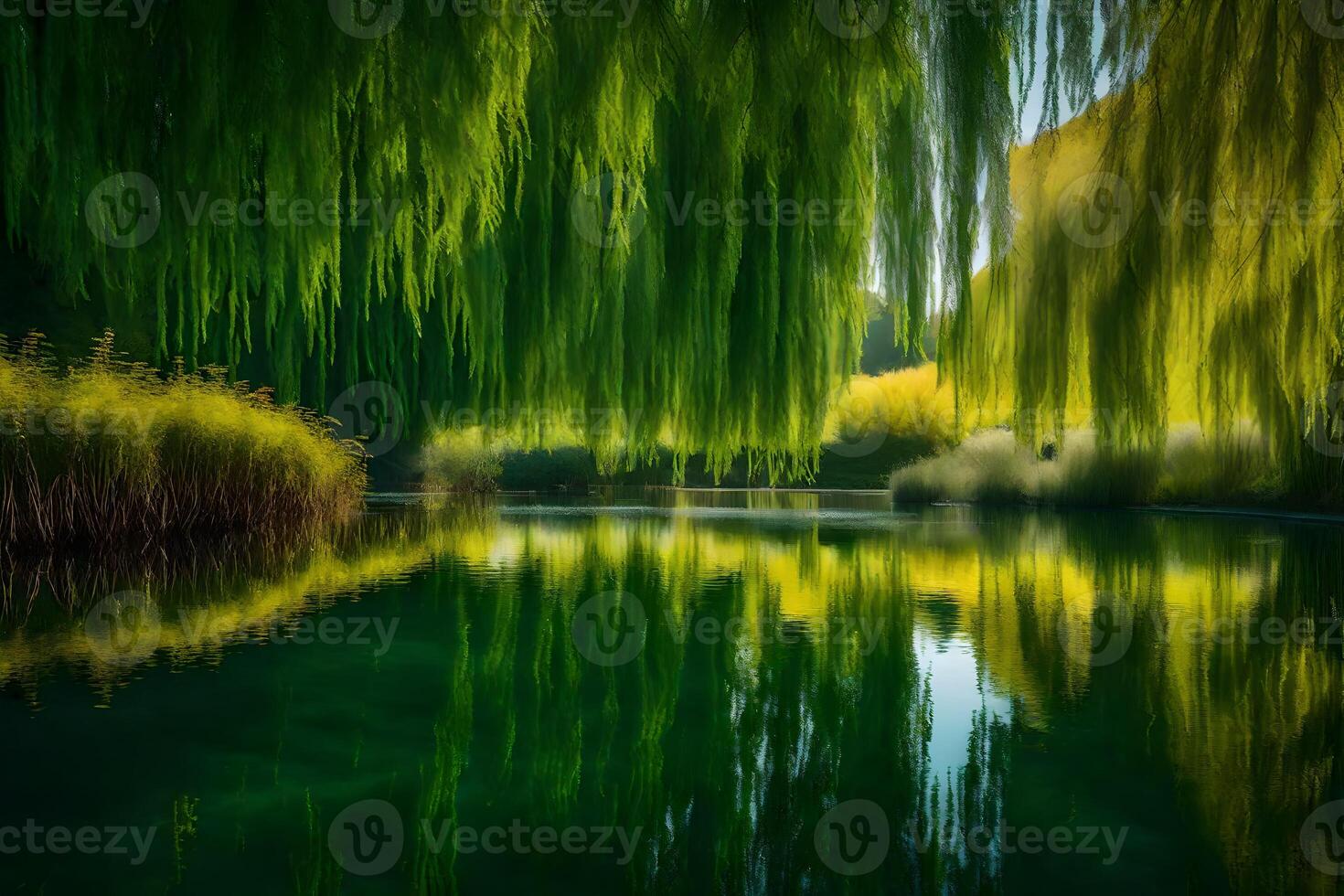 A river with green trees and water photo
