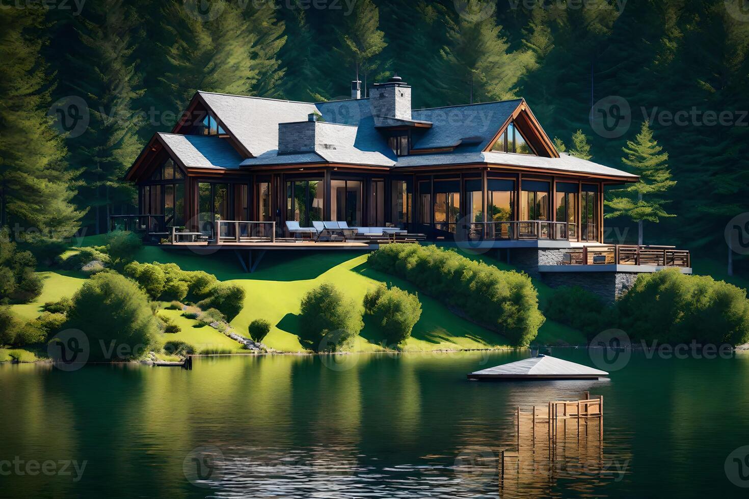 A lake house with a boat in the middle of a forest photo