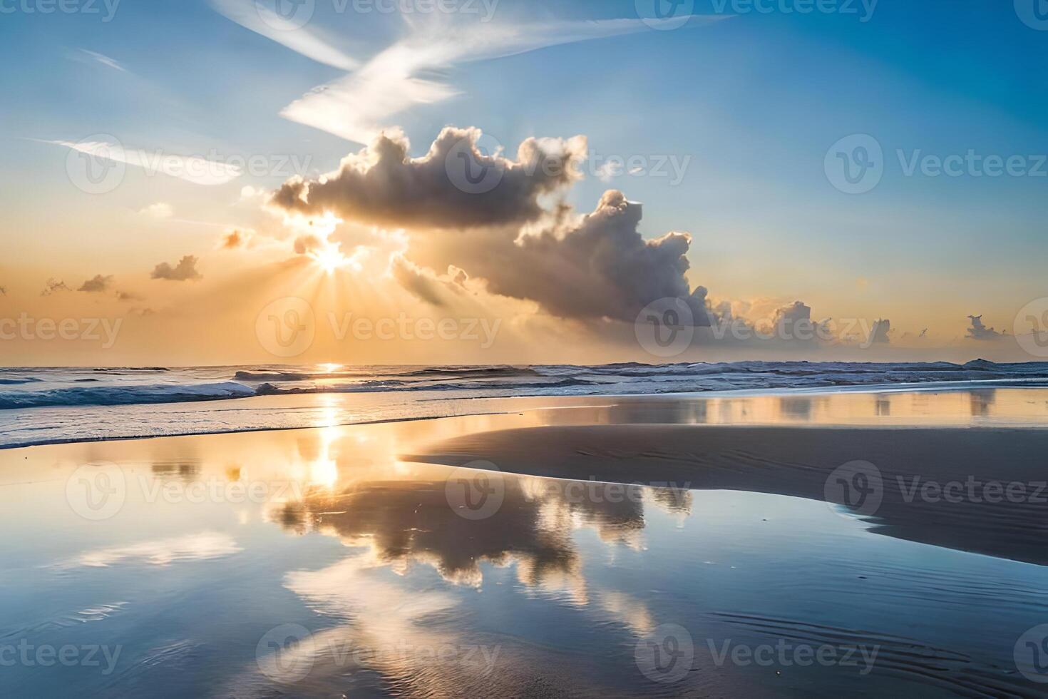 Sunset over the ocean with clouds reflected in the water photo
