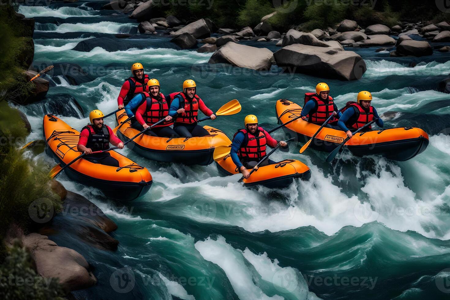 A group of people in rafts on a river photo