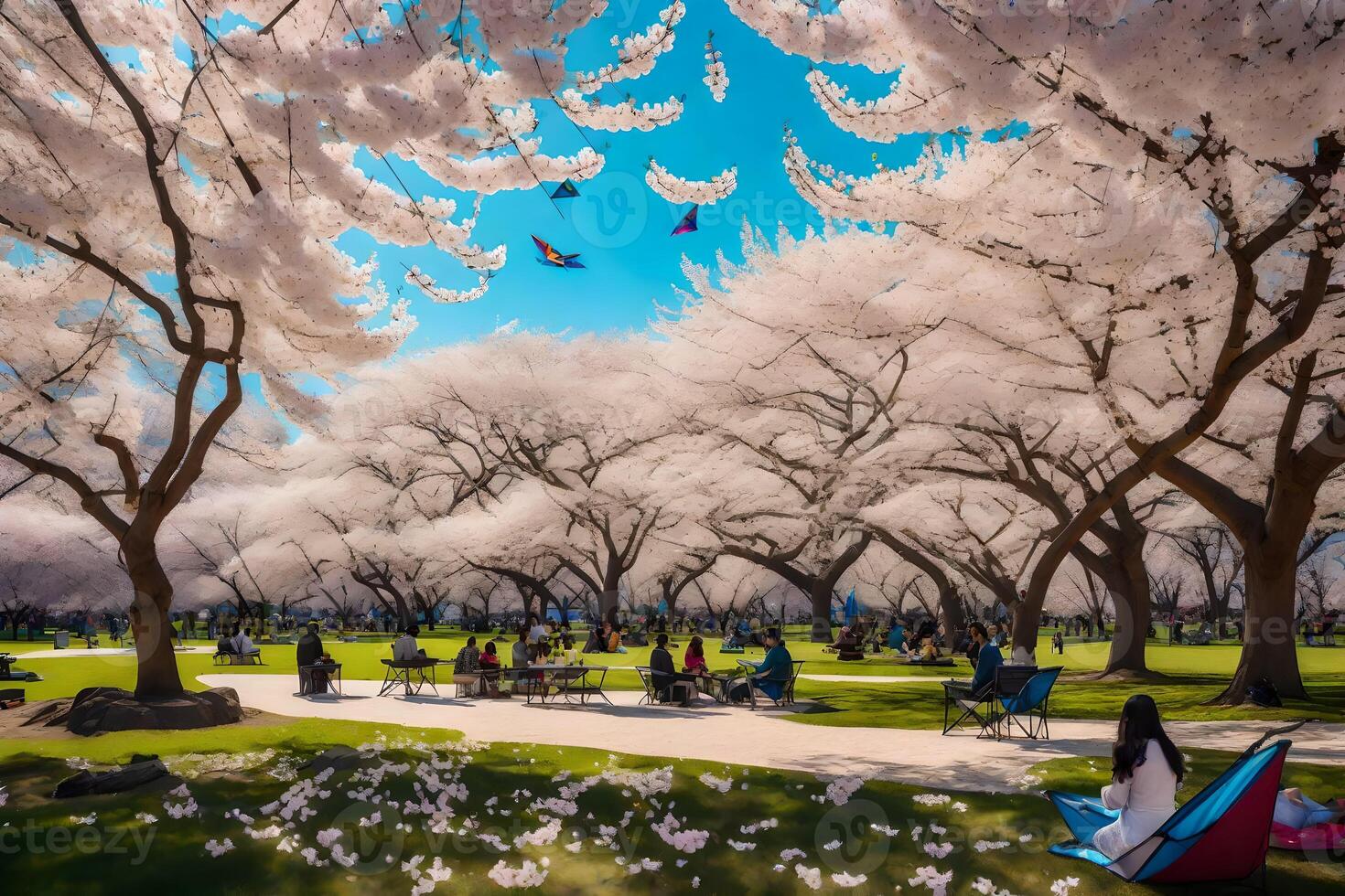People sit under the cherry blossoms in a park photo