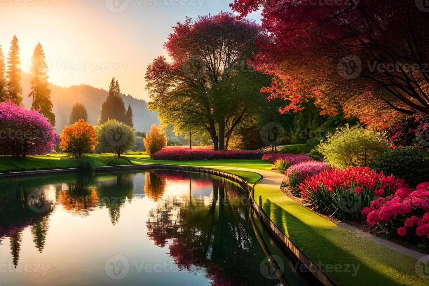 Beautiful landscape with colorful trees and flowers at sunset photo