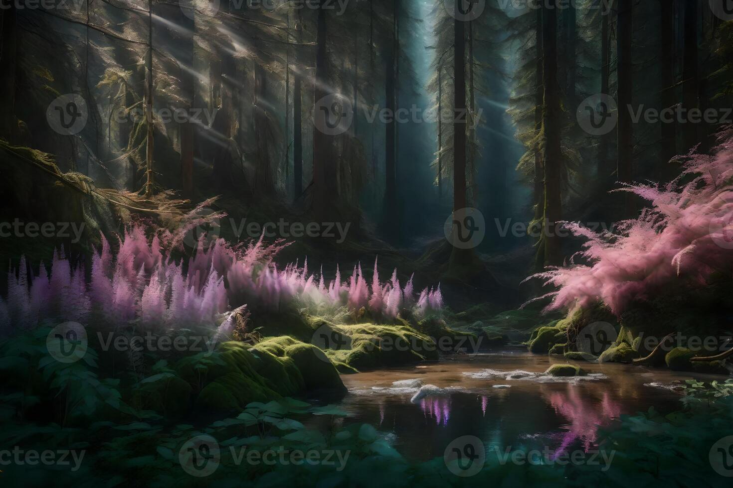 A forest with pink flowers and trees photo