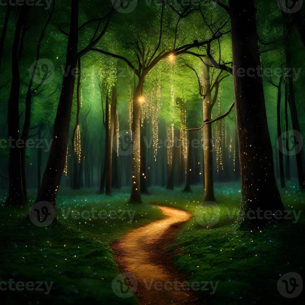 A path through the woods with fairy lights photo