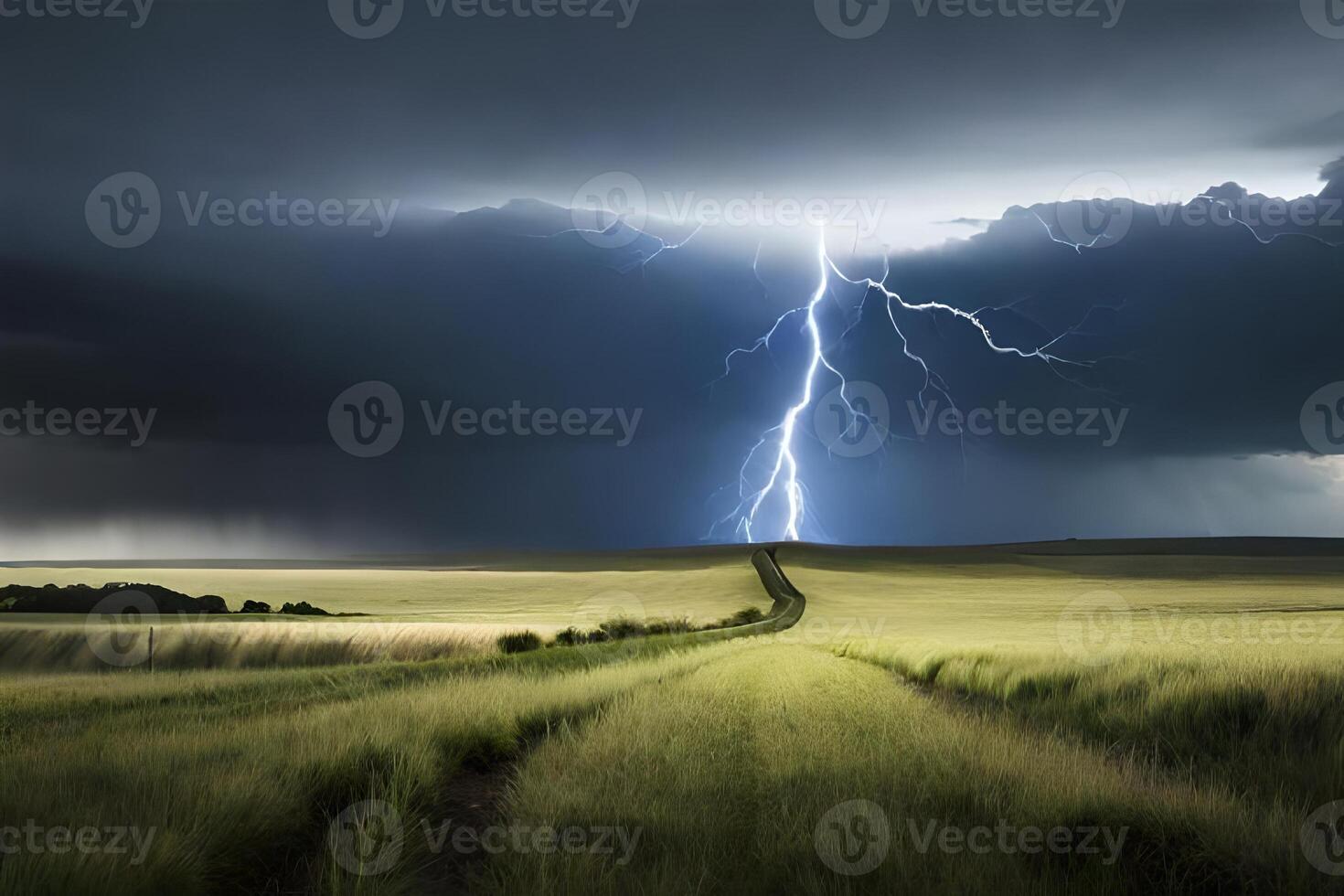 A lightning bolt strikes over a field with a road photo