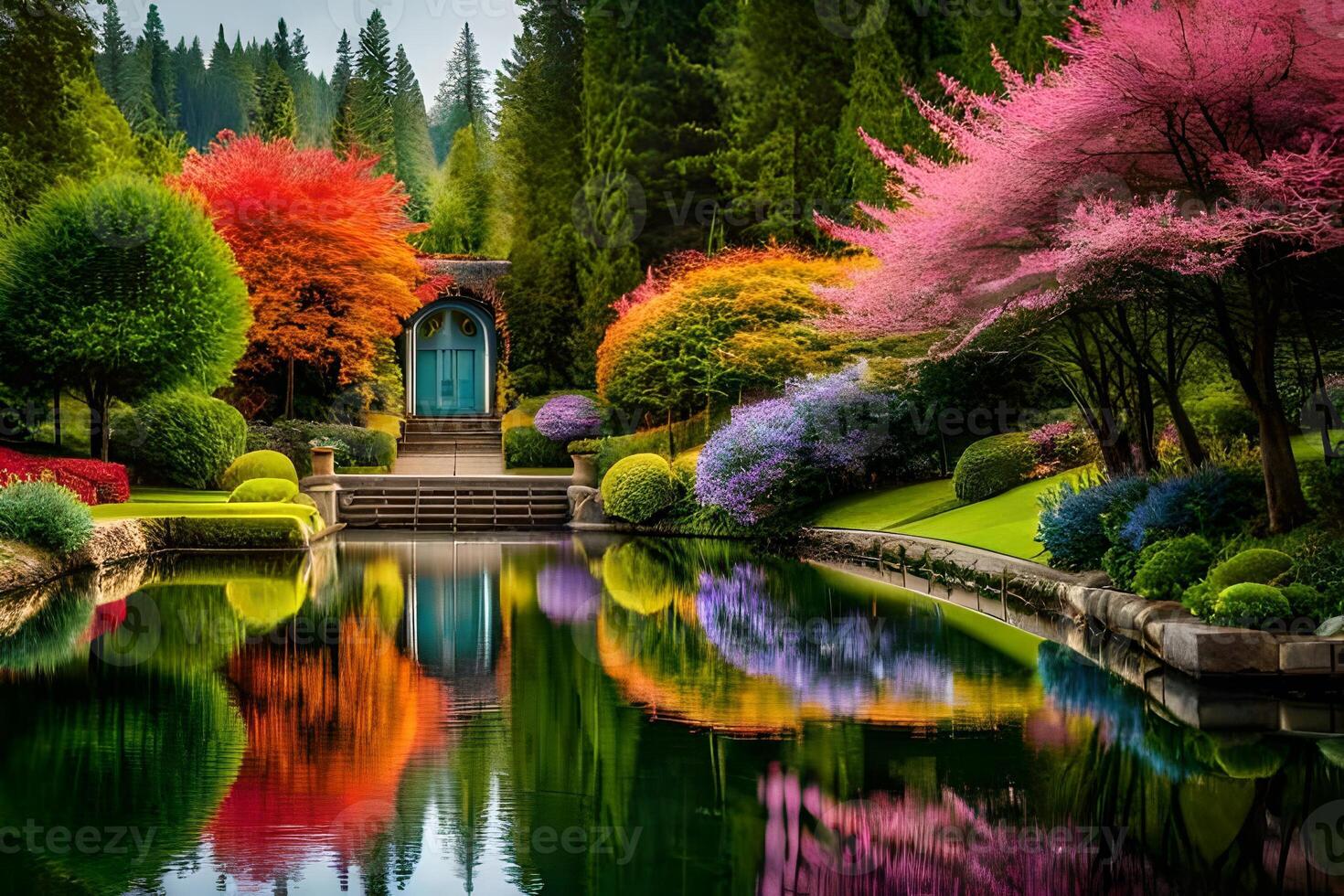 Colorful trees and flowers are reflected in the water photo