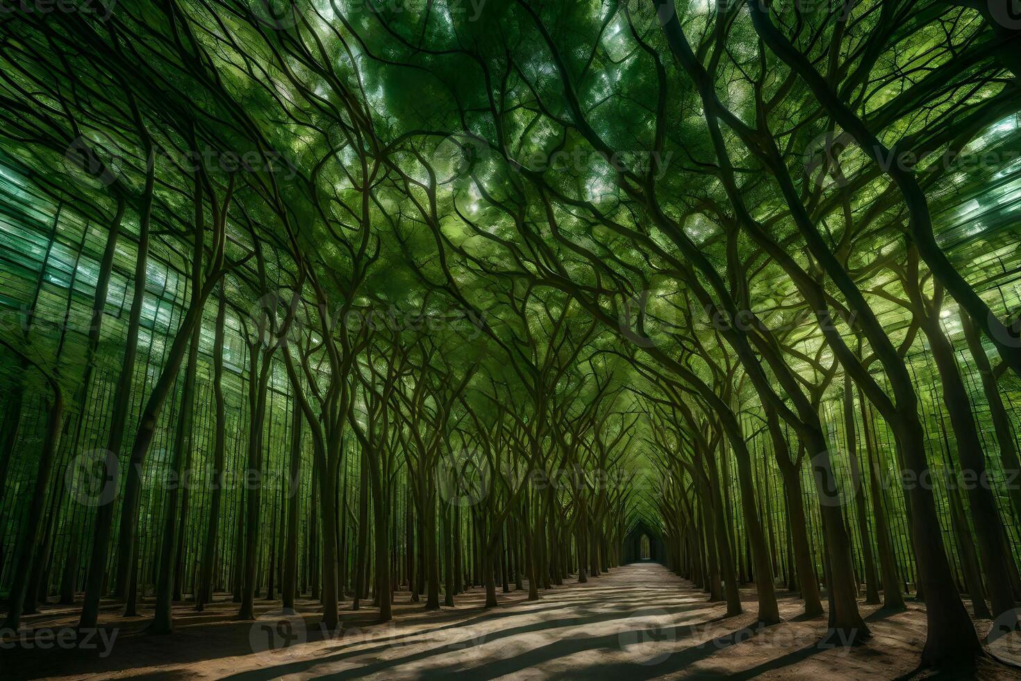 A path through a forest with trees photo