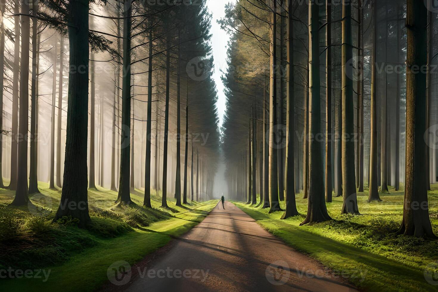 A road through a forest with trees and sun photo